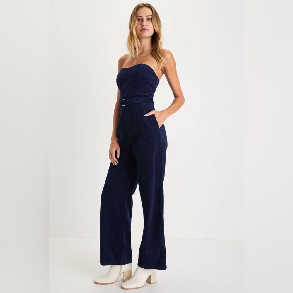 Lulu's Navy Blue Strapless Jumpsuit